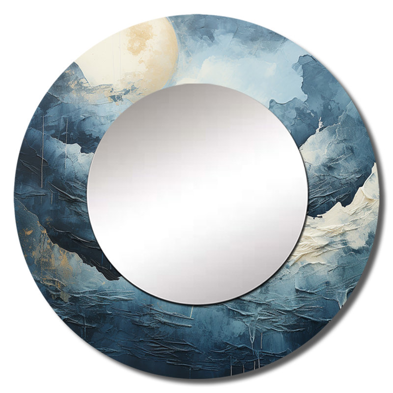 Rous noir et blanc mystique clair de lune montagne rivière - miroir mural rond traditionnel, art imprimé en métal