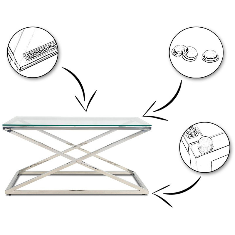 Demetrius Cross Legs Coffee Table, Transparent, 43 H x 50 W x 90 L