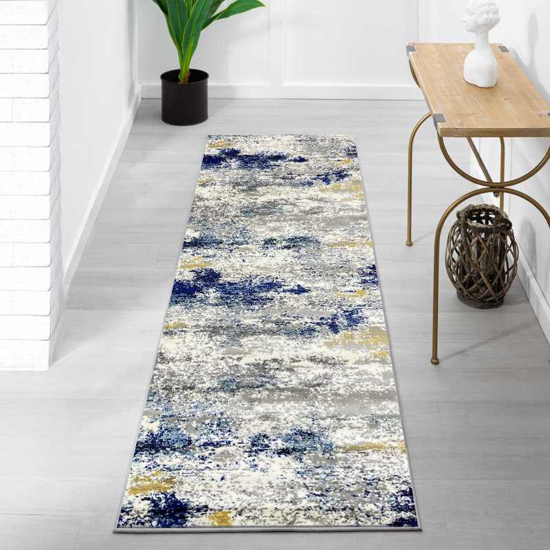 Tapis abstrait blanc cassé / bleu Elkmont, Tapis de couloir de 2 pi x 7 pi