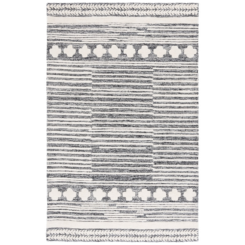 Tapis en laine / coton touffeté à la main Landrie en ivoire / noir Landrie, Rectangle 8 pi x 10 pi