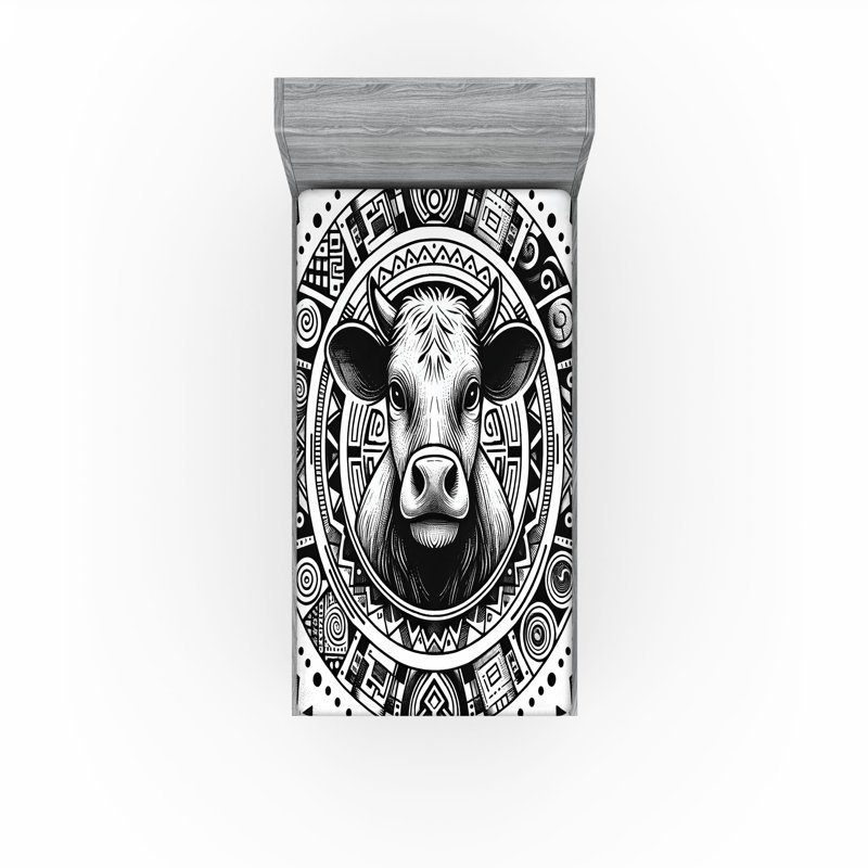 Drap-housse rustique Ambesonne_ Art de croquis de vache du Sud-Ouest_ Gris anthracite et blanc, Drap-housse simple TG