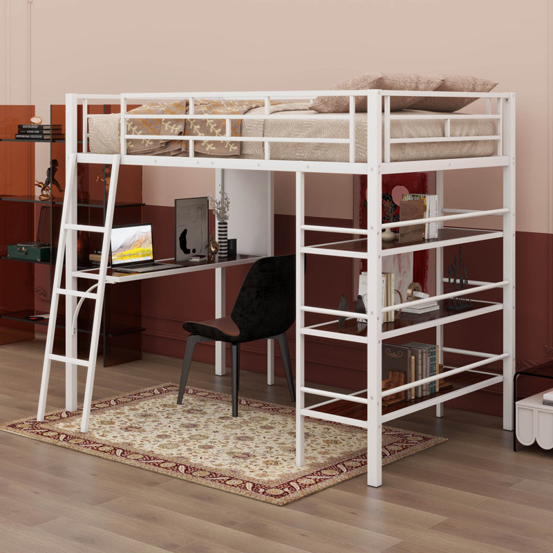 Lit Loft en métal avec 3 couches de tablettes et de bureau, lit élégant en métal avec tableau blanc, Double, Blanc