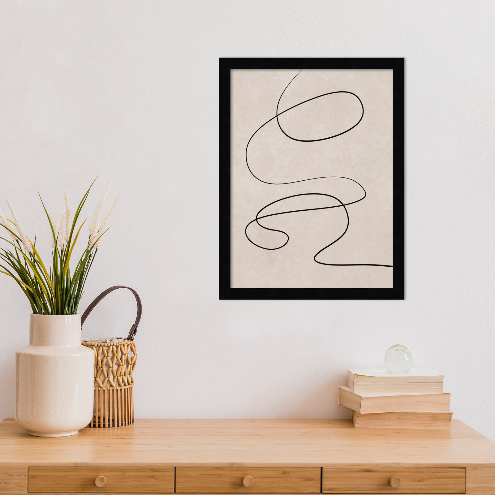 Black Line and Textured Beige Print, Black, 17" H x 13" W