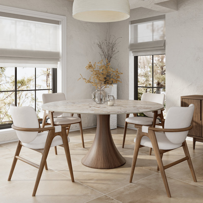 Danner Modern Stone With Sculpted Solid Wood Pedestal Dining Table, 29.52"H x 59.05"L x 59.05"W, Creamy