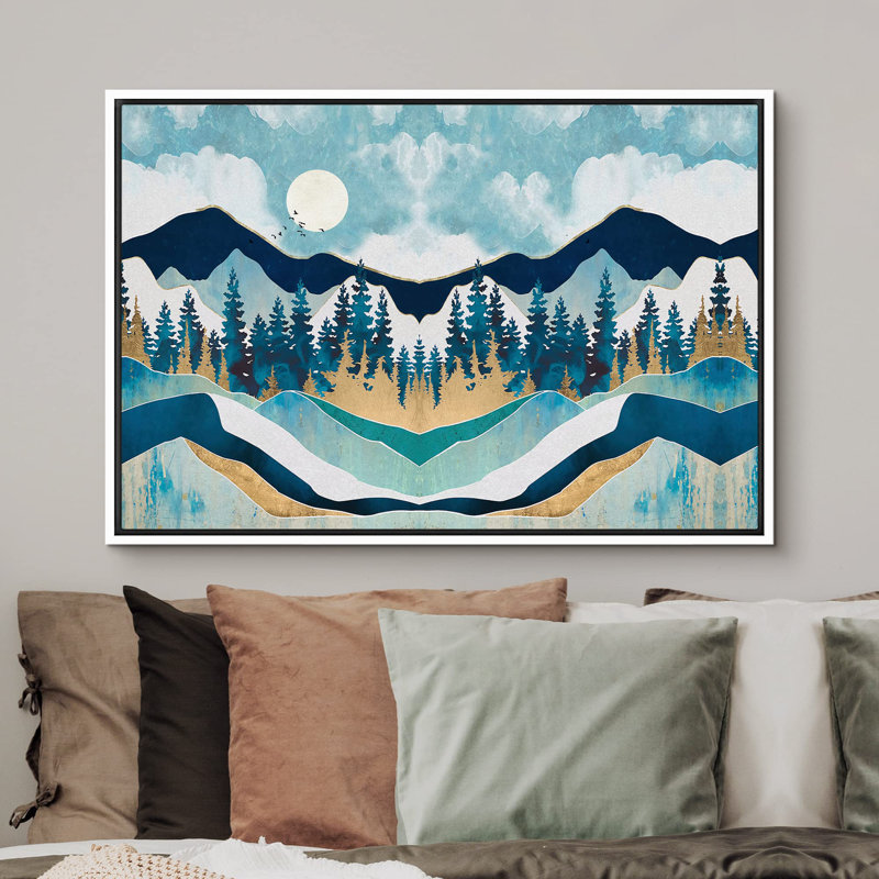 "Woodland symétrique bleu sarcelle et bleu forêt et montagnes, paysage sauvage abstrait, art moderne rustique" sur toile