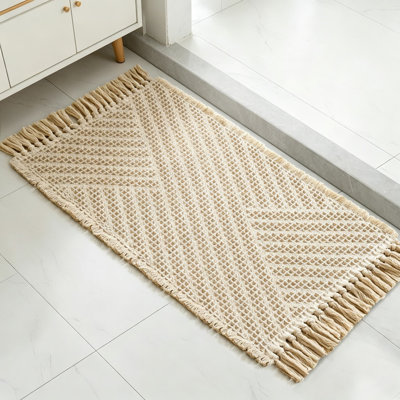 Tapis de salle de bain ultra-absorbant et antidérapant avec glands faits à la main, séchage rapide et tapis de bain en microfibre lavable à la machine pour le sol Waffle Weave