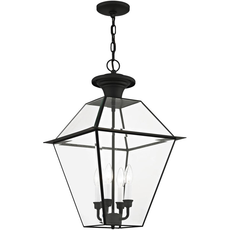 15in 4 Light Outdoor Chain Lantern Pendant Lighting + Clear Beveled Glass Shade [ Title], Black