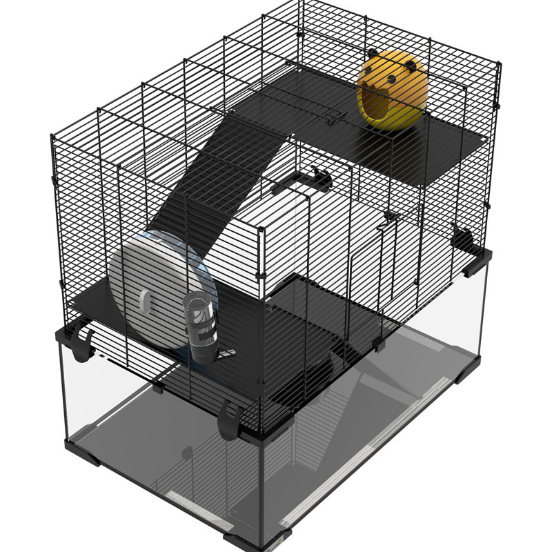 Hamster noir de 23,5 po avec structure en acier, bassin en verre, rampes, plateformes, cabane, roue d'exercice pour petits animaux de compagnie, acier, stable