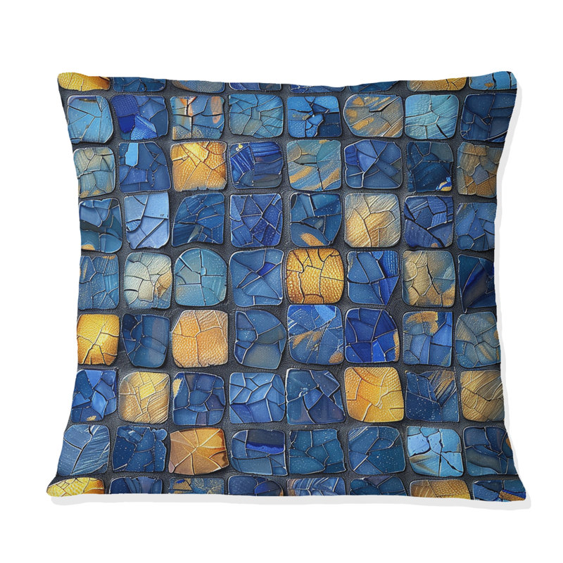 Carreaux de mosaïque moderne bleu et jaune I - Coussin décoratif moderne, H 16 po x l 16 po