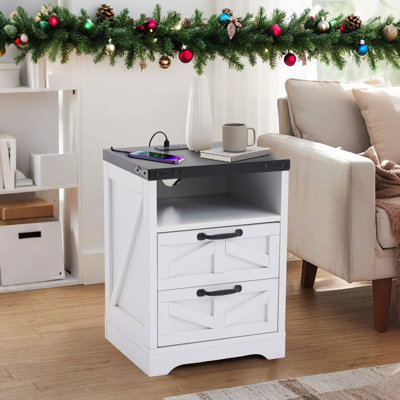 Rustic Farmhouse Nightstand with 2 Drawers & Charging Station, Industrial Bedside Table with USB and Power Outlets for Bedroom Storage by Mercer41