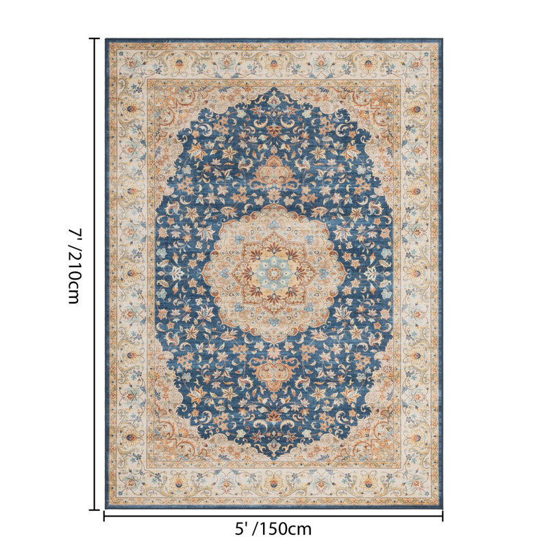 Eaglin Medallion Navy Washable Foldable Area Rug, 59" x 83"