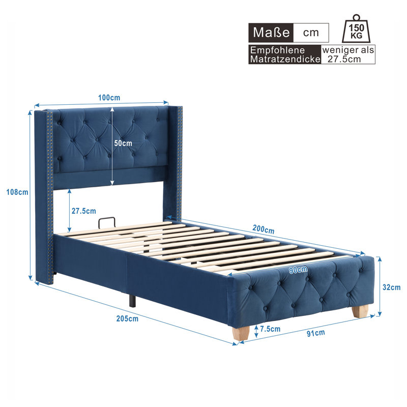 Doiron Upholstered Bed, European Single (90 x 200cm), Blue