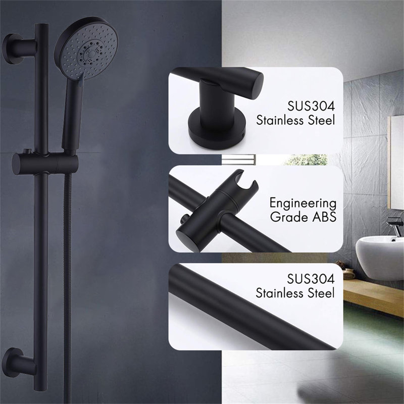 Système de douche à barre coulissante réglable - Douche à main à 5 fonctions avec barre coulissante murale et tuyau, Noir mat