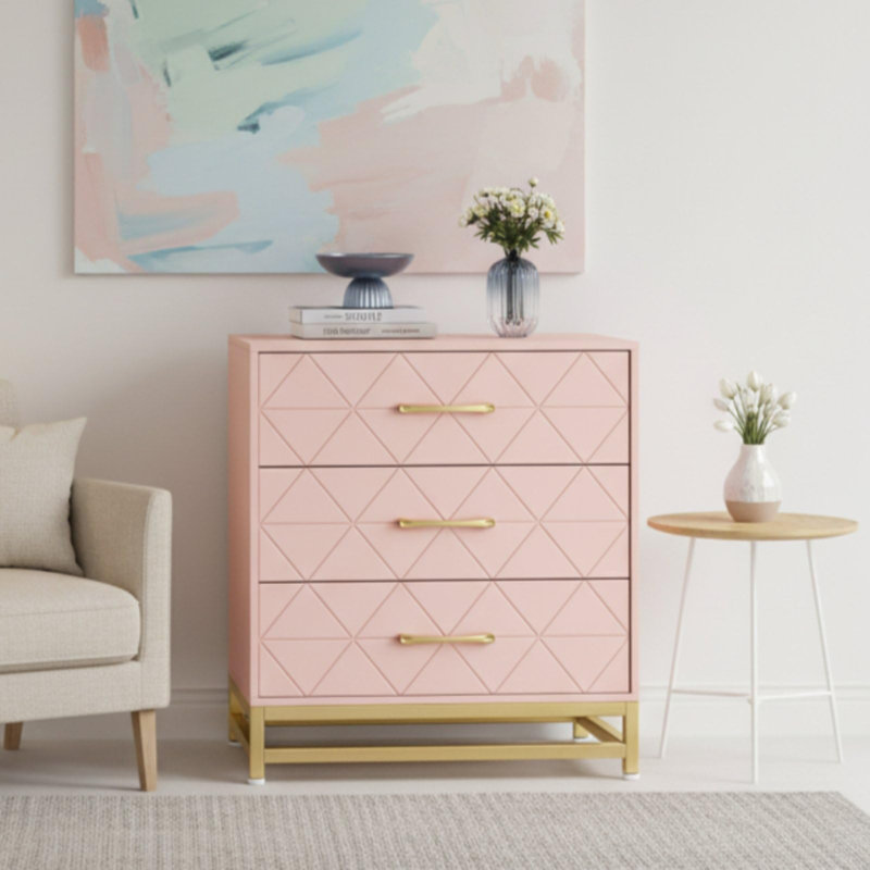 Table de chevet moderne à 3 tiroirs blanche et dorée, table de chevet haute avec un design rayé élégant et une base en métal, commode en bois élégante pour la chambre à coucher et le salon