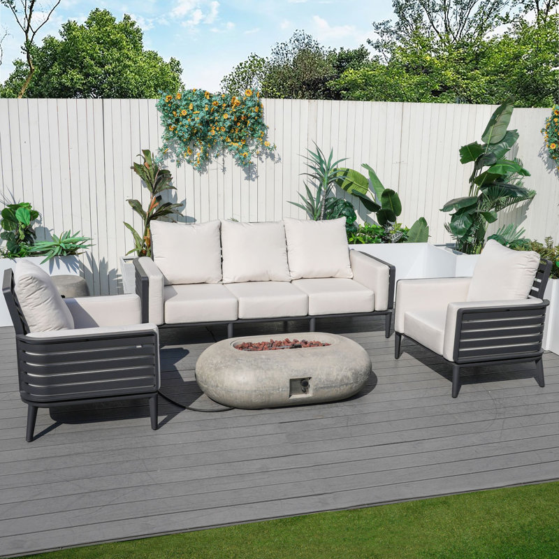 Ensemble de conversation d'extérieur en aluminium pour 5 personnes avec foyer extérieur, Gris clair