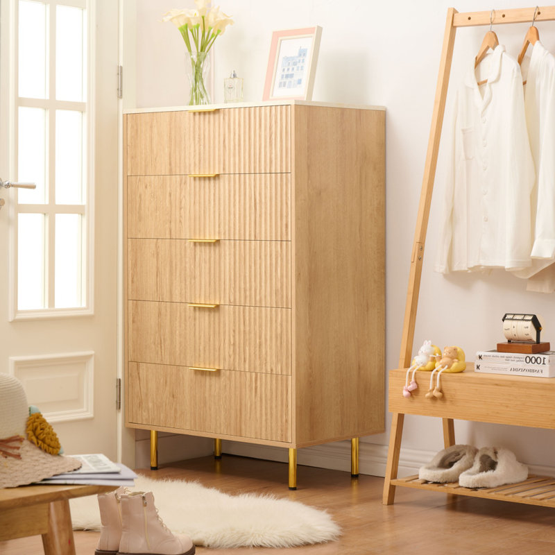 5 Drawers Tall Bedroom Dresser, Wood Closet Clothes Modern Chest Of Drawers, Natural Oak