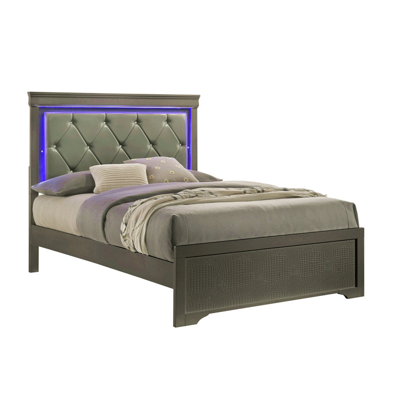 Lit double rembourré de style moderne Blaze avec tête de lit à DEL et bois, Gris, Lit double