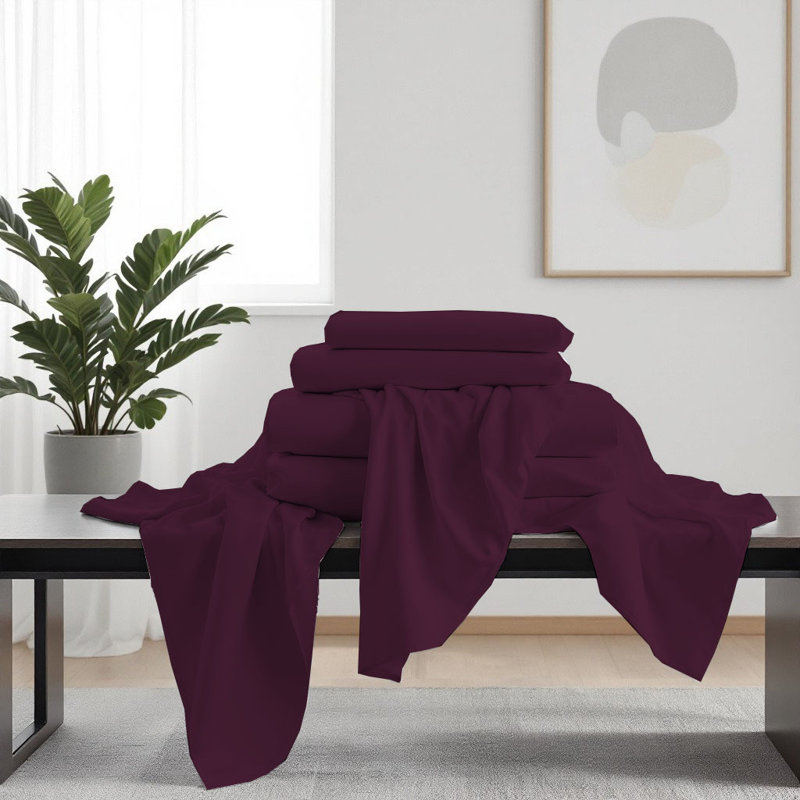 Ensemble de draps luxueux en microfibre de qualité supérieure, Aubergine, Ensemble de draps pour grand lit avec 4 taies d'or