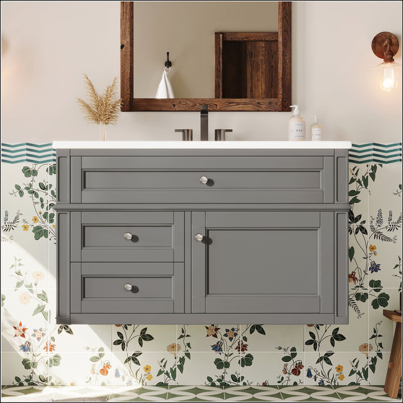 Meuble-lavabo mural 36 po, rangement flottant avec 2 tiroirs, tiroir basculant, lavabo en céramique, design moderne