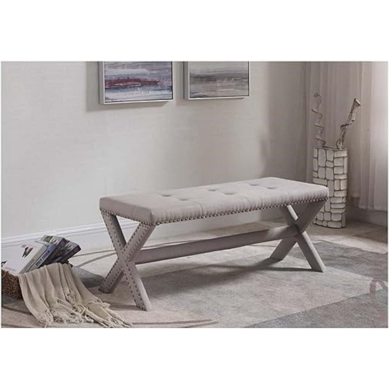 Glam Accent Bench With Nailhead Trim, Tufted Seat, Upholstered Side Bench For Bedroom, Livingroom And Entryway, Gray