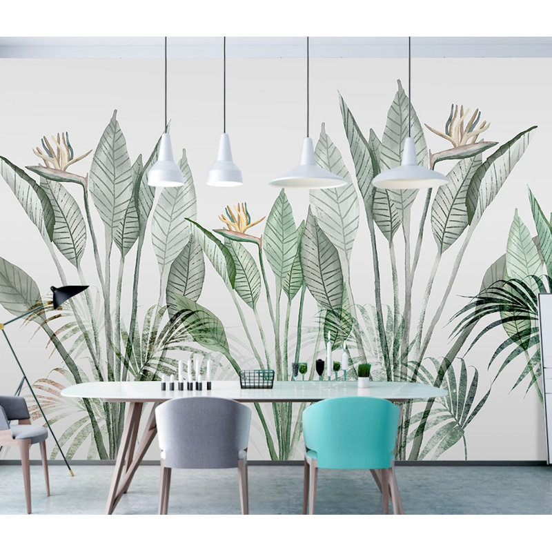 Large Green and Beige Tropical Palm Leaf Removable Wallpaper
