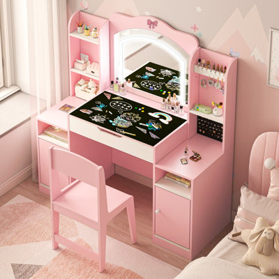 41"W 3-in-1 Kids Vanity Set with Lights, Wooden Toddler Makeup Vanity Desk with Chalkboard & Bookshelf, Princess Vanity Table and Chair Set with Stool, Mirror, Jewelry Storage Cabinet, Pink for Little Girls