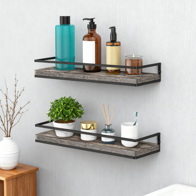 Floating Shelves Set Of 2, Rustic Wood Wall Mounted Storage Shelves For Bathroom, Kitchen, Living Room, Bedroom, Industrial Torched Wood Design With Protective Bar