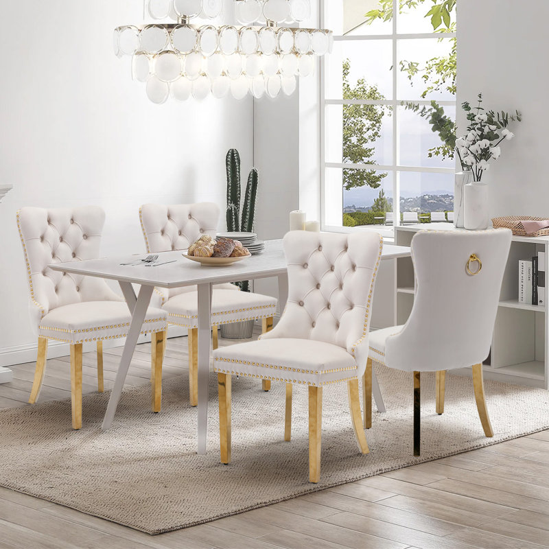 High-end Tufted Velvet Upholstered Nailhead Dining Chair, White/Pink, Golden