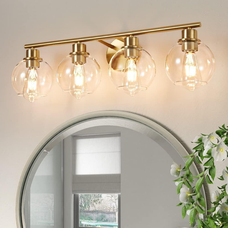 Luminaire de meuble-lavabo moderne avec abat-jour en verre transparent, applique murale à 4 lumières pour miroir, finition dorée, conception résistante à l'humidité