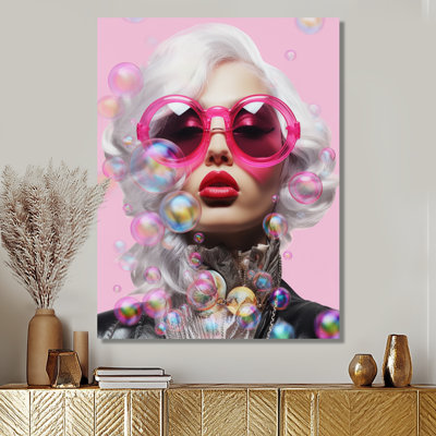 Fashionista Pink Sunglasses And Bubbles II - Woman Pop Wall Art Print
