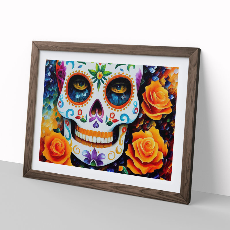 XH1022-2587X Decorated Floral Sugar Skull - Single Picture Frame Print, Walnut, 34cm H x 46cm W x 2cm D