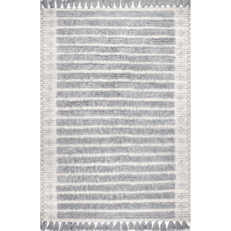 Tapis gris clair en laine noué la à la main Jarvis, Rectangle 5 pi x 8 pi