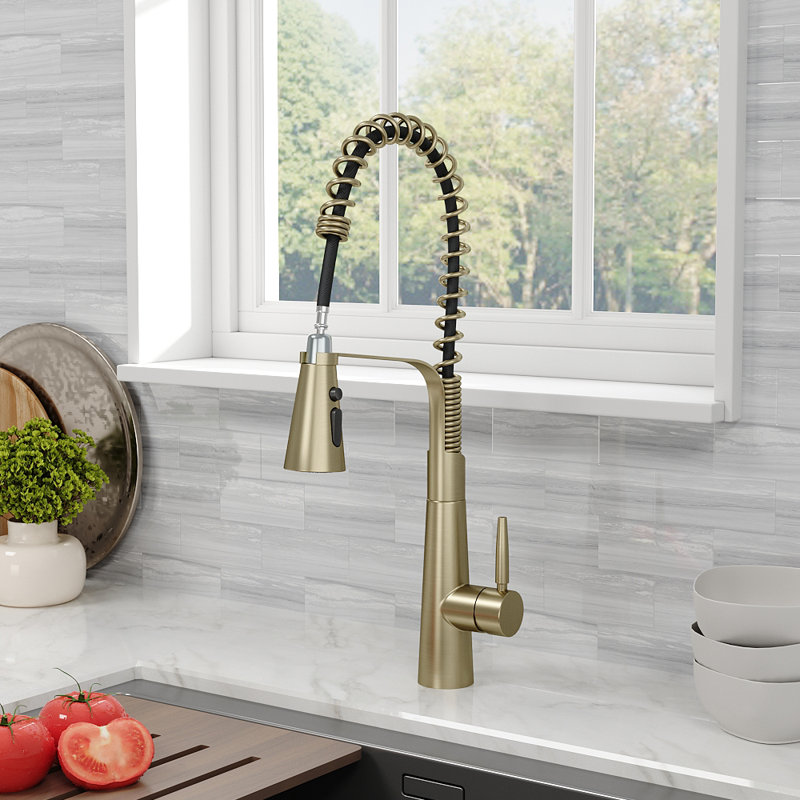 Belfry Kitchen Dunfee Pull Out Kitchen Faucet, Matte Black/Antique Brass