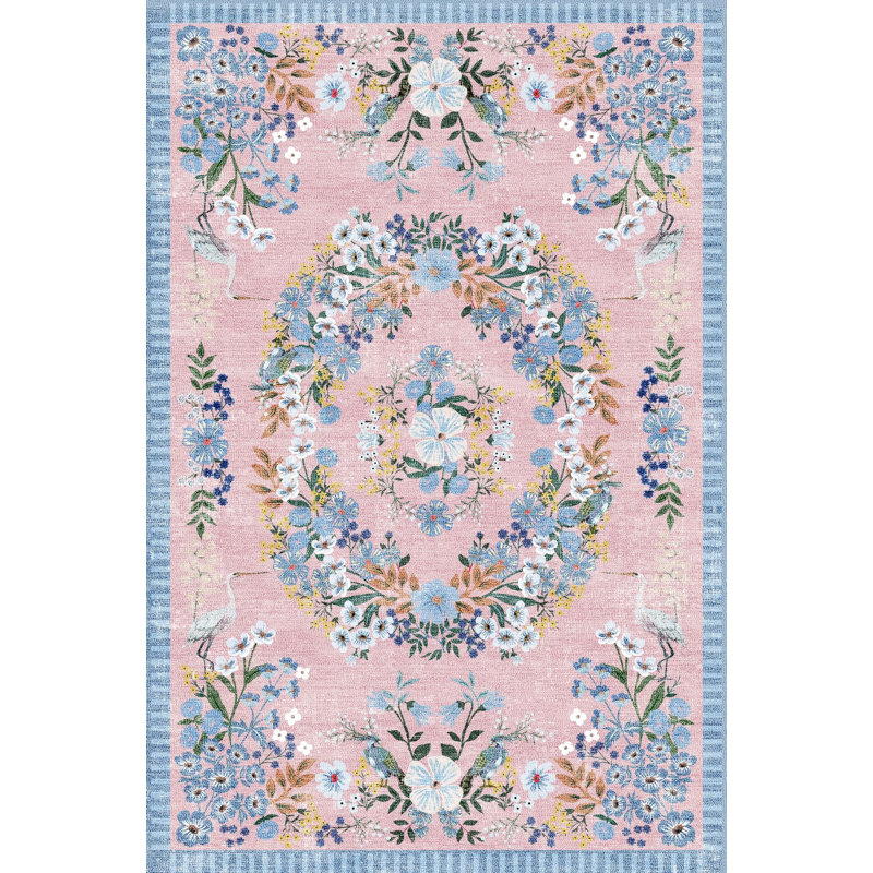 Tapis rose tissé de couleur pastel à motif floral, Rectangle 3 pi 11,24 po x 5 pi 10,87 po