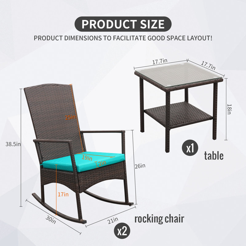 Chaise berçante d'extérieur 3 pièces avec table basse et coussins, Vert, Brun