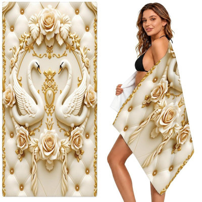 Love Swan Microfiber Beach Towel, Soft Polyester Bath Towel with White Plush Backing, Pool Towel for Travel Picnic Outdoor Swimming Bathroom Use, 30 x 60 in