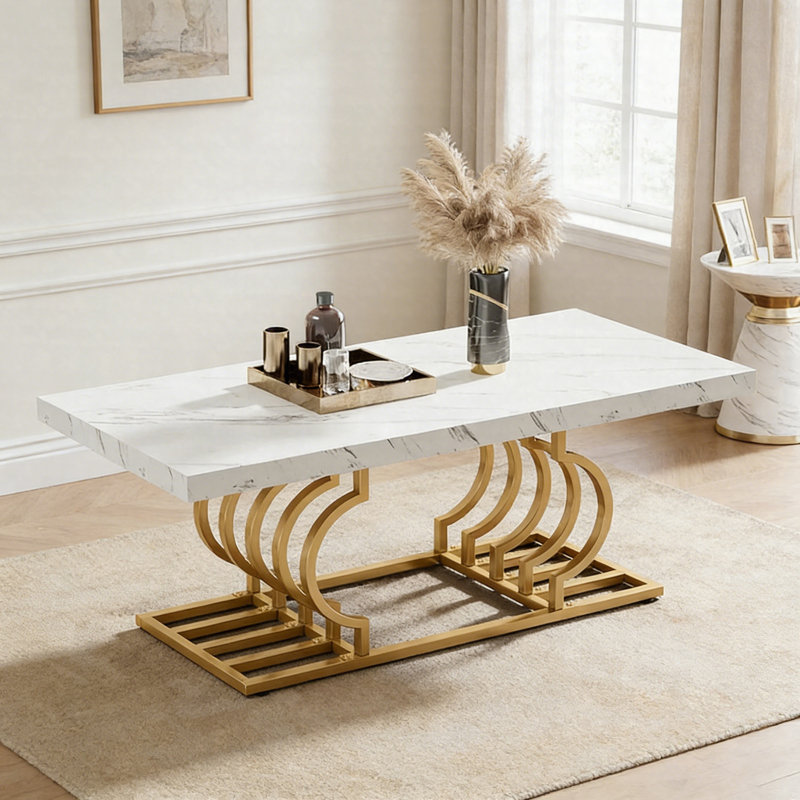 Table basse 47 "en faux marbre, table de cocktail rectangulaire moderne avec cadre géométrique doré