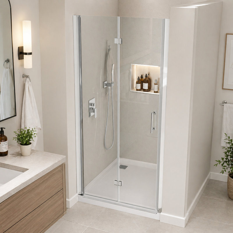 Porte de douche pliante l 32 po x H 72 po, verre sans cadre avec charnières chromées, installation réversible pour espaces compacts