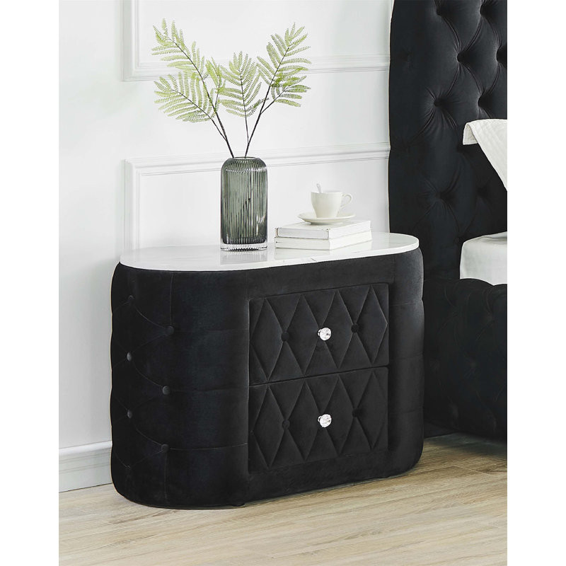 Table de chevet ovale en faux marbre avec rangement à 2 tiroirs, capitonnage à boutons et faux cristaux pour les chambres élégantes