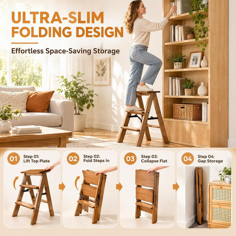 3 - Step Foldable Bamboo Small Step Ladder