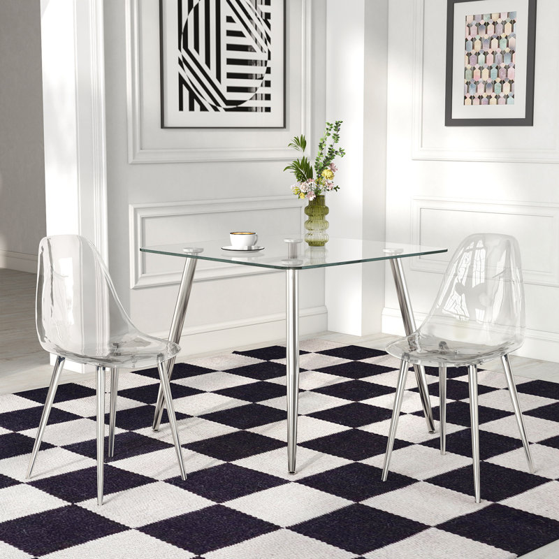 Ensemble de table de salle à manger 36 pouces en verre avec 2/4 chaises transparentes, pieds en métal argenté pour salle à manger / cuisine moderne