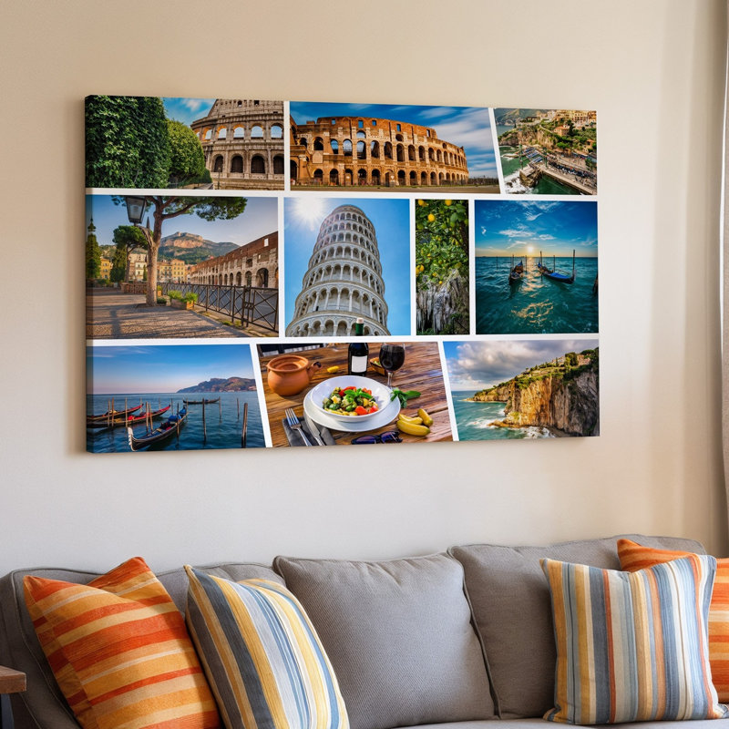 Toile, Créez un collage vibrant mettant en vedette des éléments emblématiques italiens et des éléments d'art mural présentant le Colisée baigné dans une toile