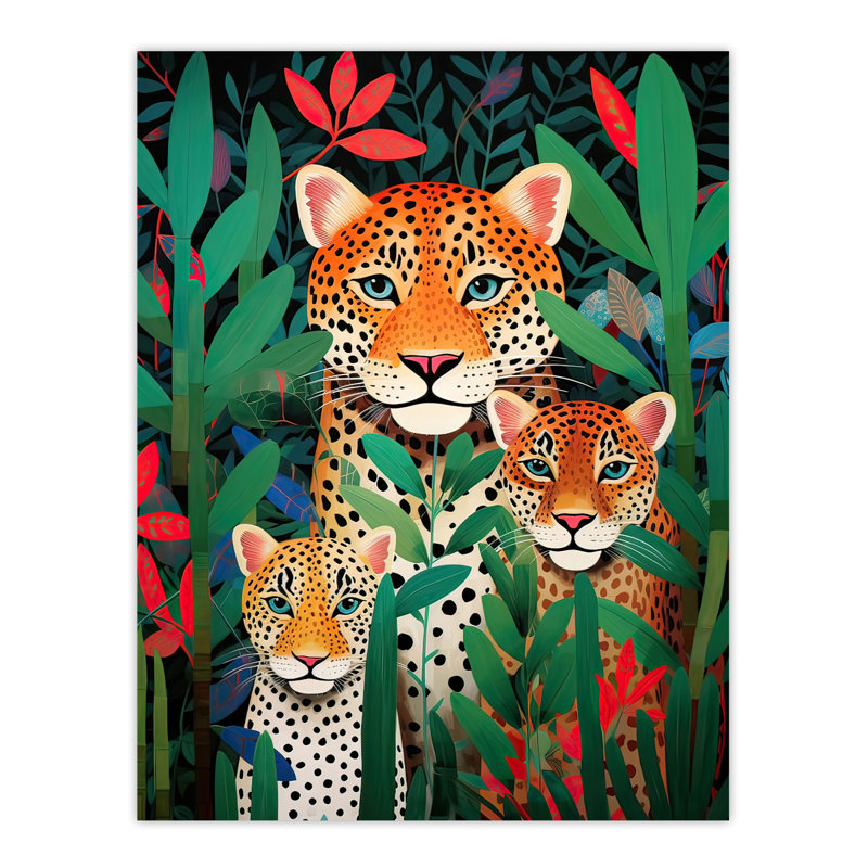 Wall Art Print Leopard Family Wildlife Portrait Oil Painting Green Jungle Landscape Kids Bedroom Poster