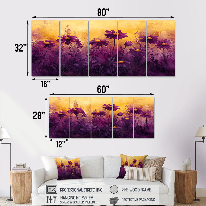 Mauve fleur de minuit champ de fleurs sauvages I - Art mural fleurs sauvages - ensemble d'art mural traditionnel 5 pièces