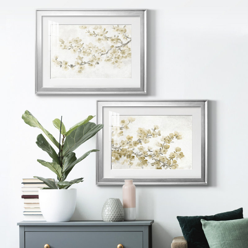 " Neutral Cherry Blossom Composition I " 2 - Pieces, 24.5" H x 37" W x 1" D, Silver Framed