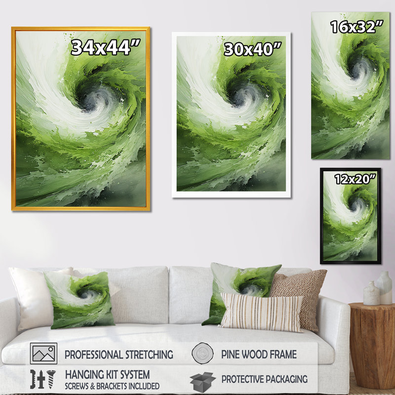 «Green and White Whsipering Abstract Spiral III» - Art mural spirales abstraites, Toile tendue, H 32 po x l 24 po x P 1 po