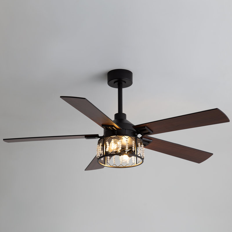 52" Crystal Ceiling Fan With Lights And Remote, Modern Black Ceiling Fan Chandelier With 5 Blades, Reversible Motor, Crystal Cage Light Fixture For Bedroom, Living Room, Dining Room