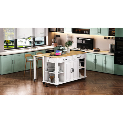 Îlot de cuisine avec table de salle à manger extensible, table de cuisine en placage de bois d'hévéa avec support de rangement interne, prise de courant, îlot de cuisine avec rangement 2 tiroirs et 2 armoires