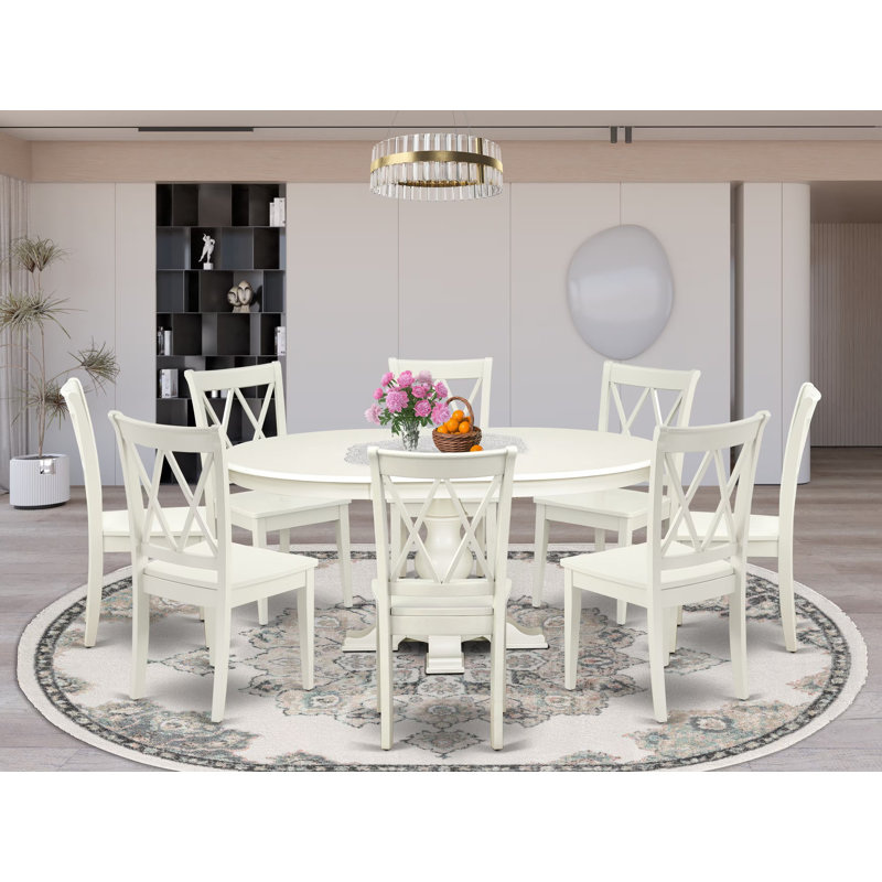 Ensemble de table de cuisine en bois massif 9 pièces comprenant une table de salle à manger avec rallonge et base piédestal, 8 chaises en bois, double dossier en X, lin blanc