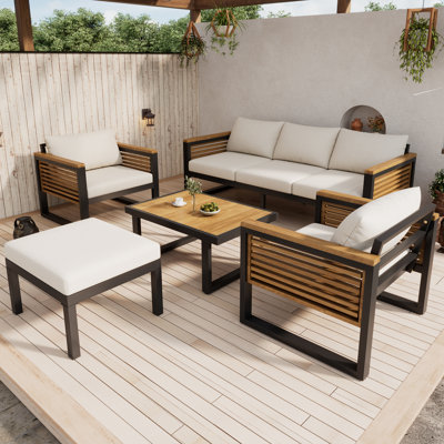 Dubinska Outdoor 5-Piece Acacia Wood Conversation Set With Iron Frame